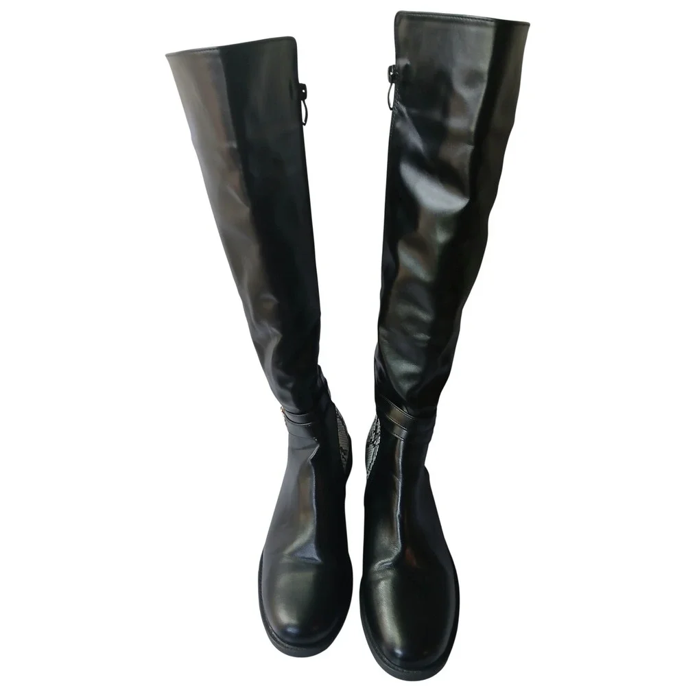 Black Snakeskin Knee High Boots Gold Buckle Straps Low Heel Round Toe‎ Zip Up 10